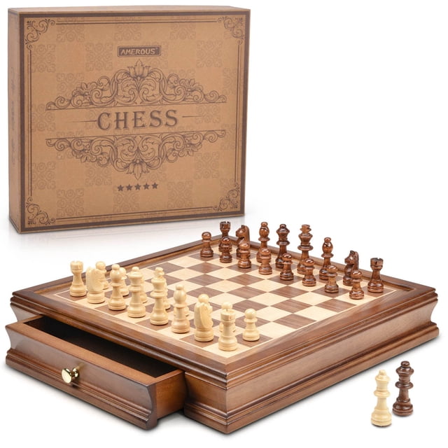Juego de ajedrez AMEROUS magnético de madera con cajones de almacenamiento