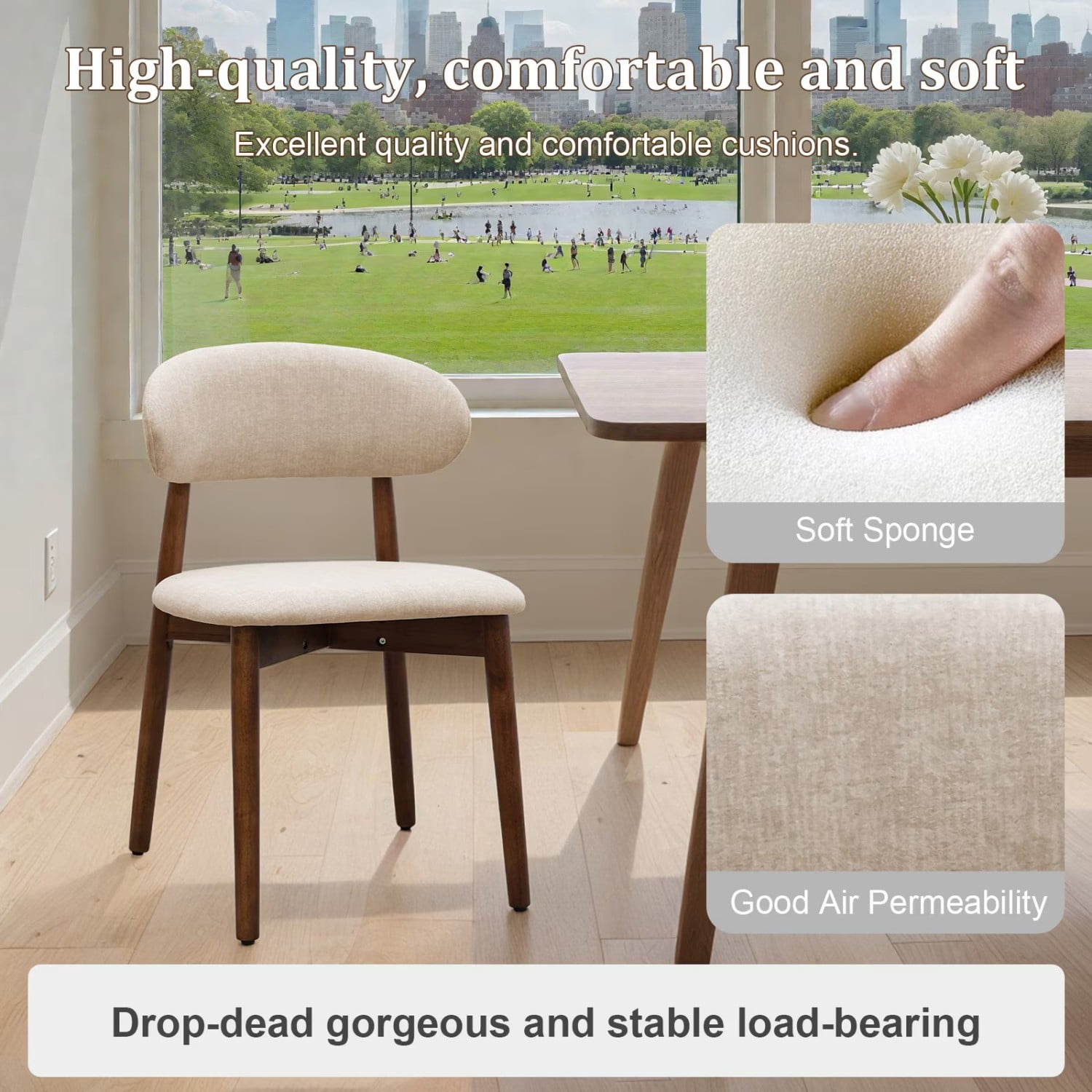Dining Chairs Set of 4 Beige Cotton Linen Upholstered Dining Chairs with Black Solid Wood Legs Armless Kitchen Chairs for Dining Room Living Room Restaurant Meeting Room, Light Camel