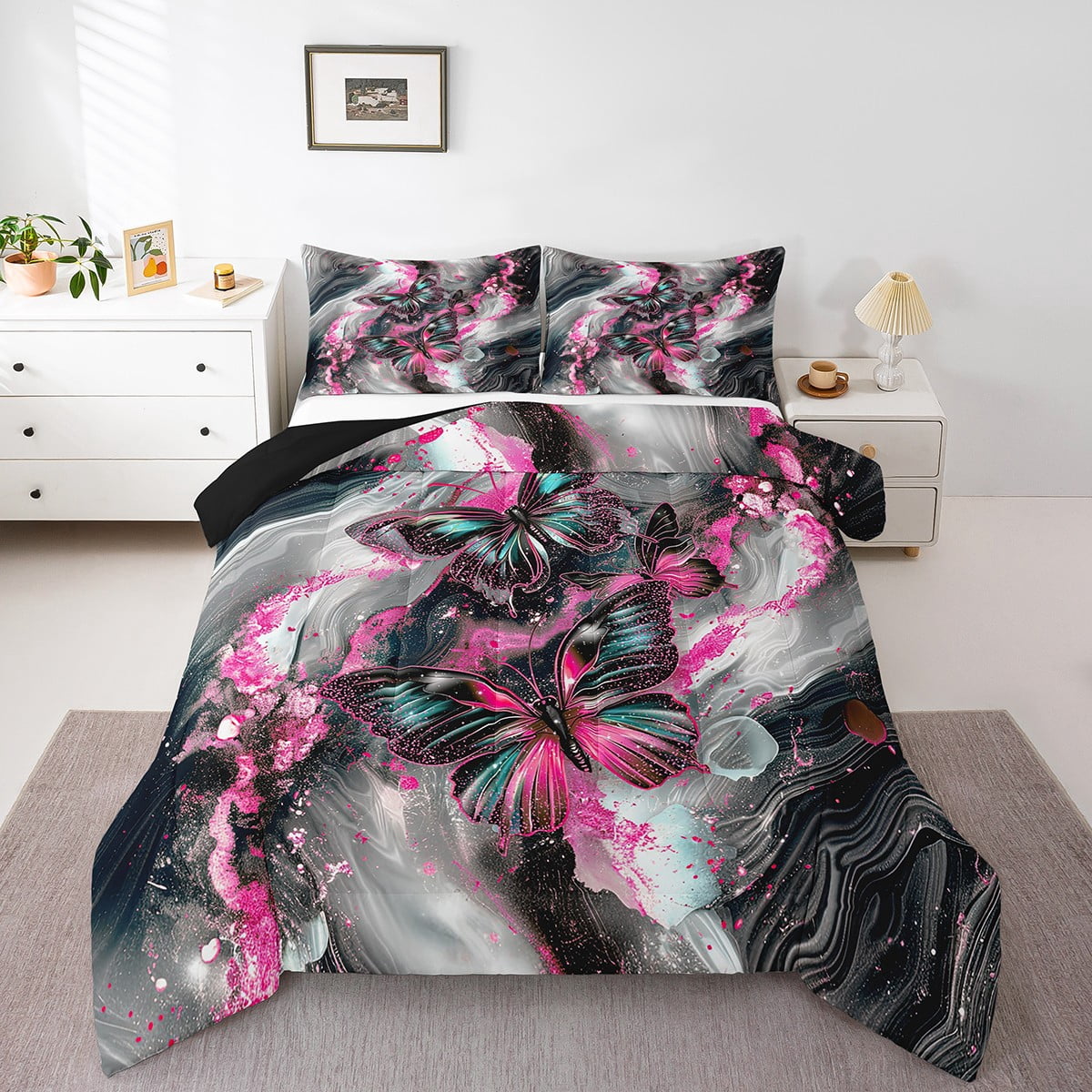 Black Marble Queen Comforter Set Teal Butterfly Bedding Set,Magenta Marbling Down Comforter Abstract Ombre Ink Fluid Art Duvet Set Aesthetic