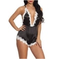 thumbnail image 3 of Elainilye Fashion Womens One Piece Lingerie Deep V Mesh Sheer Bodysuit Pajamas Elastic Sling One-piece Pajamas,Black, 3 of 9