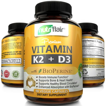 NutriFlair Vitamin K2 (MK7) + D3 5000 IU Supplement with BioPerine Black Pepper - Supports Stronger Bones, Heart Health & Immune System, 90 Veggie (Best Vitamin D Light Therapy)