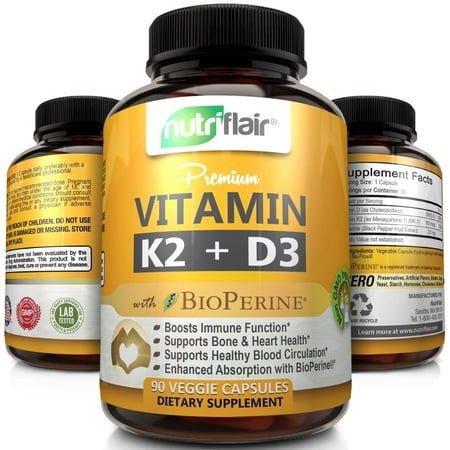 Immune 90 Caps (NutriFlair Vitamin K2 (MK7) + D3 5000 IU Supplement with BioPerine Black Pepper - Supports Stronger Bones, Heart Health & Immune System, 90 Veggie)
