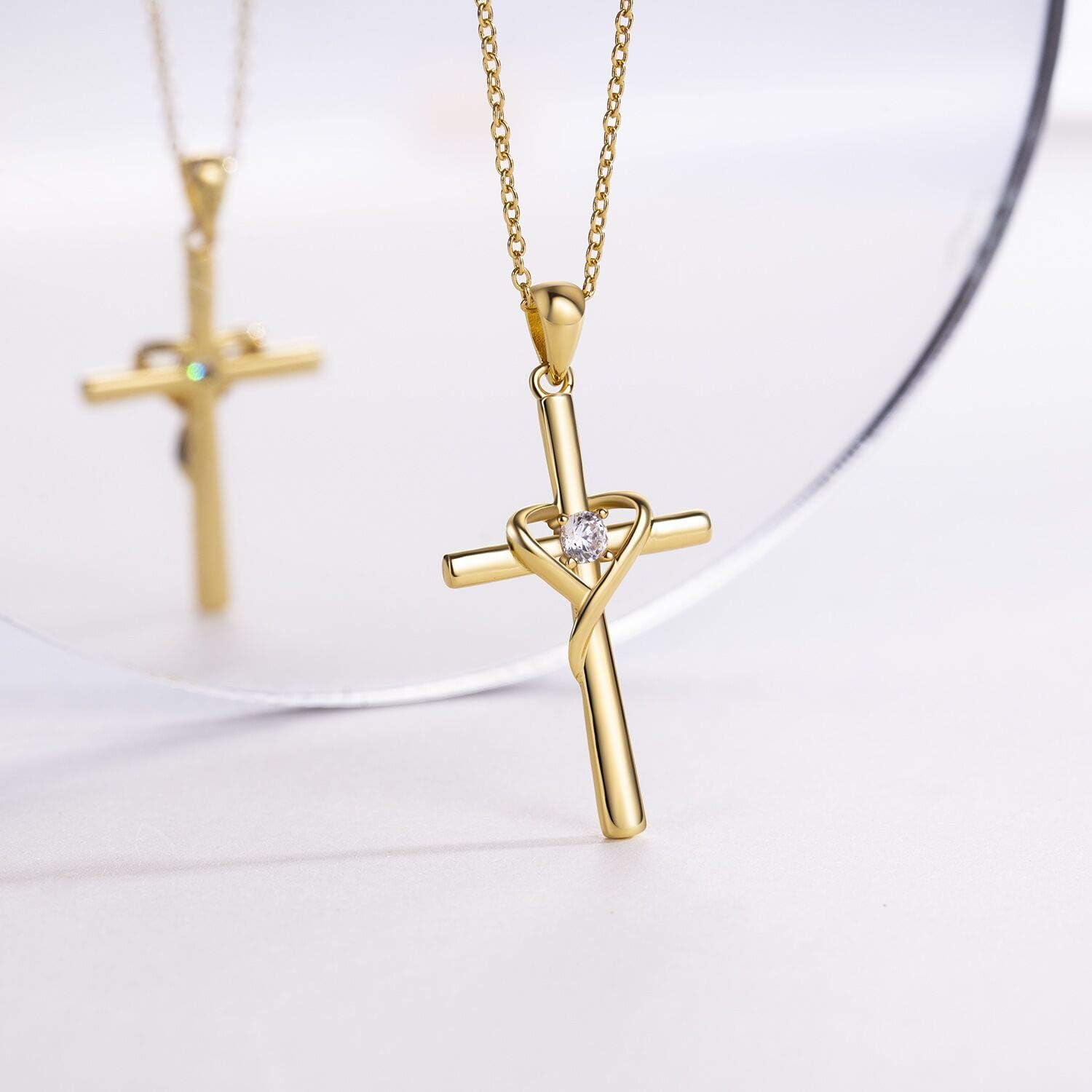 Leander 925 Sterling Silver Cross Necklace for Women Men 5A CZ Birthstone Necklaces 14K Gold Plated or Rose Gold Necklace for Easter or Mother's Day