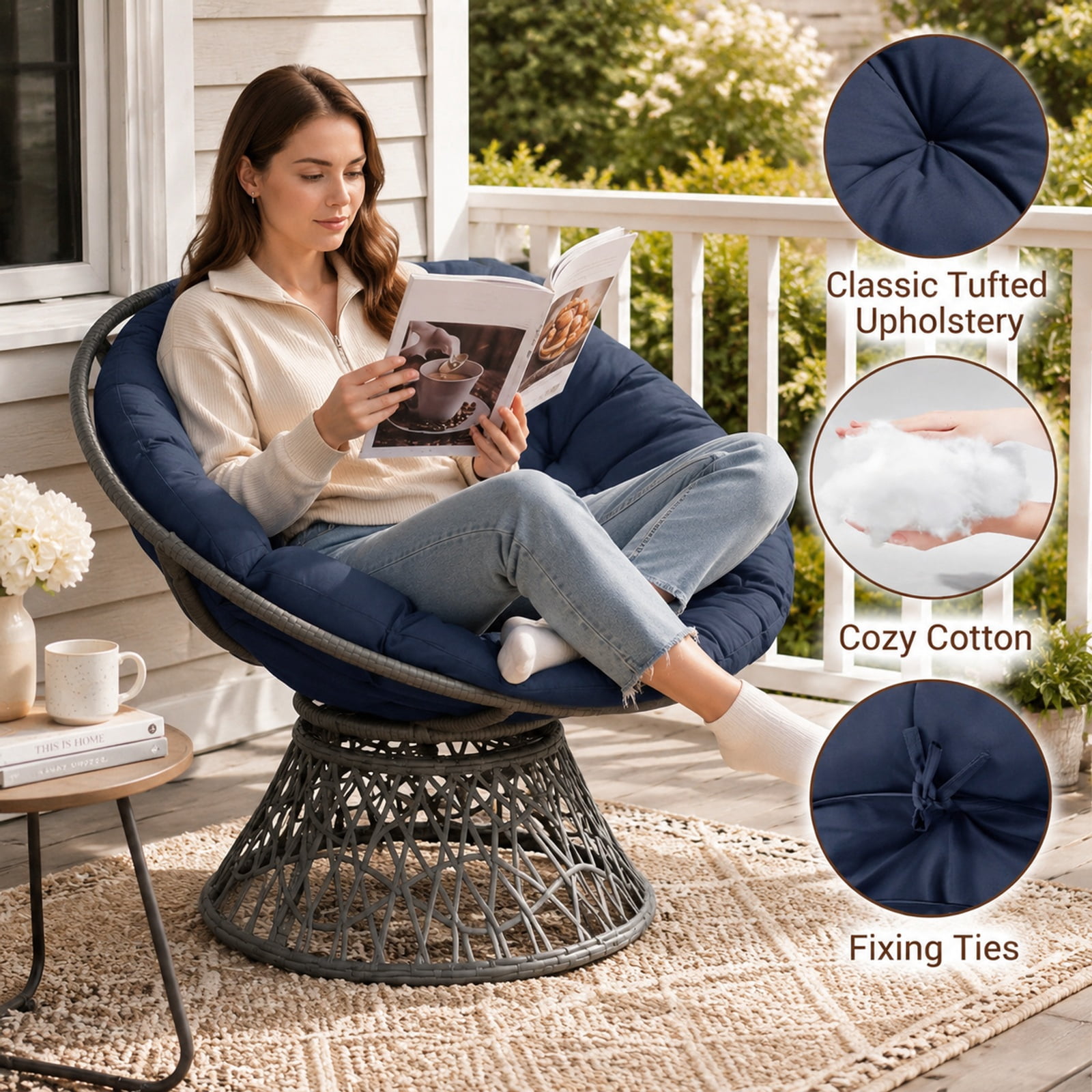 Furnibear Swivel Papasan Chair with Round Wicker Bowl Seat and Thick Soft Cotton Cushion for Living Room Bedroom and Patio, Navy