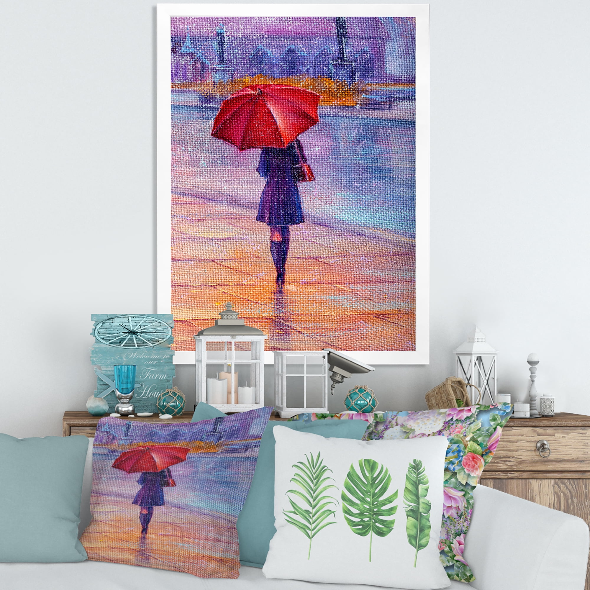 Designart 'Girl Walking With Red Umbrella Under The Rain' French Country Framed Art Print
