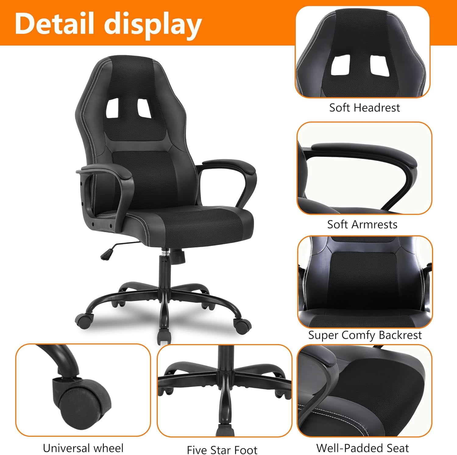 PayLessHere Black Gaming Chair - Ergonomic PU Leather w/Lumbar Support & Headrest