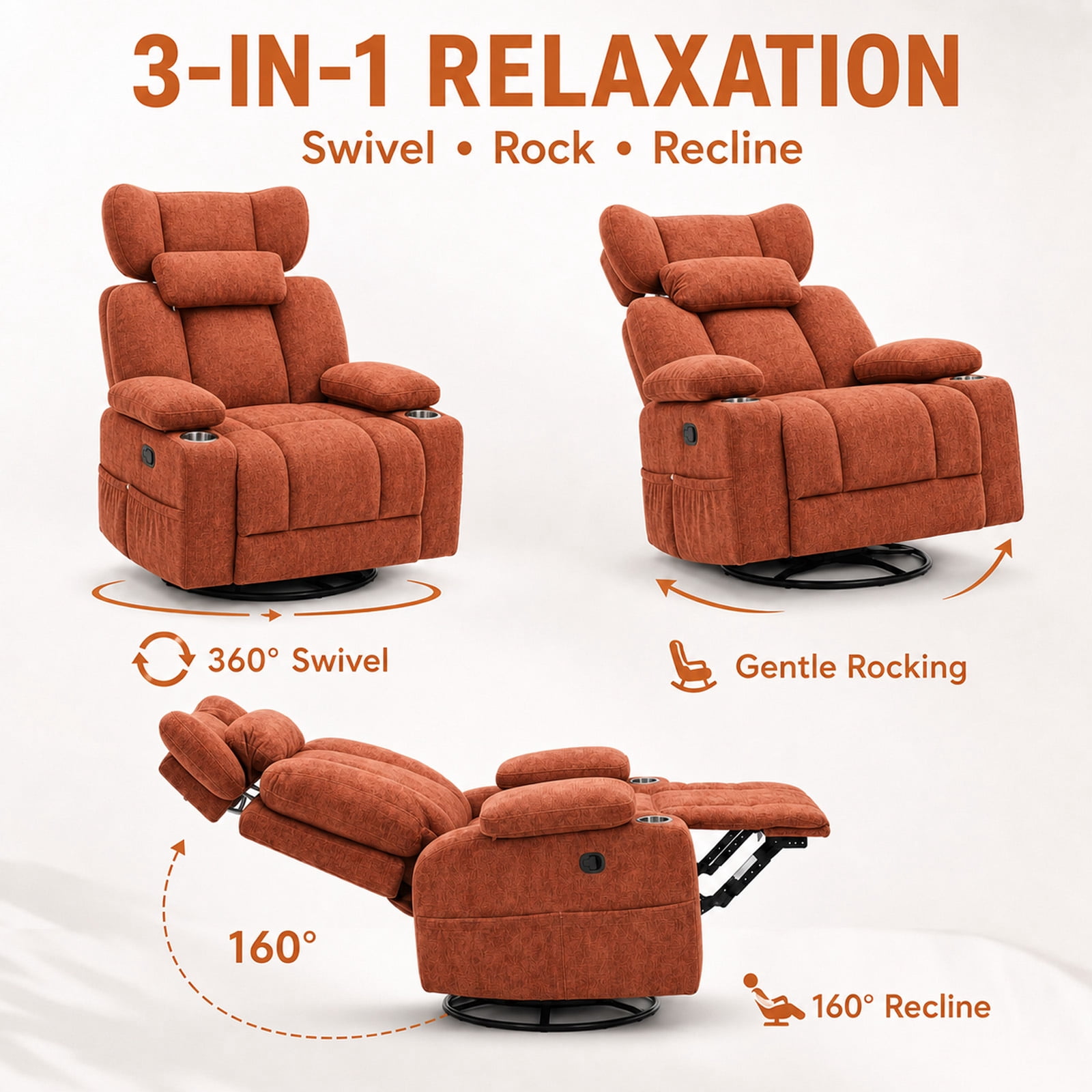 Leumius 360° Swivel Recliner Chair, Single Recliner with Adjustable Detachable Neck Pillow Ergonomic and Cup Holders, 300lbs Capacity Versatile Lounge Chair for Living Room Bedroom Home Theater