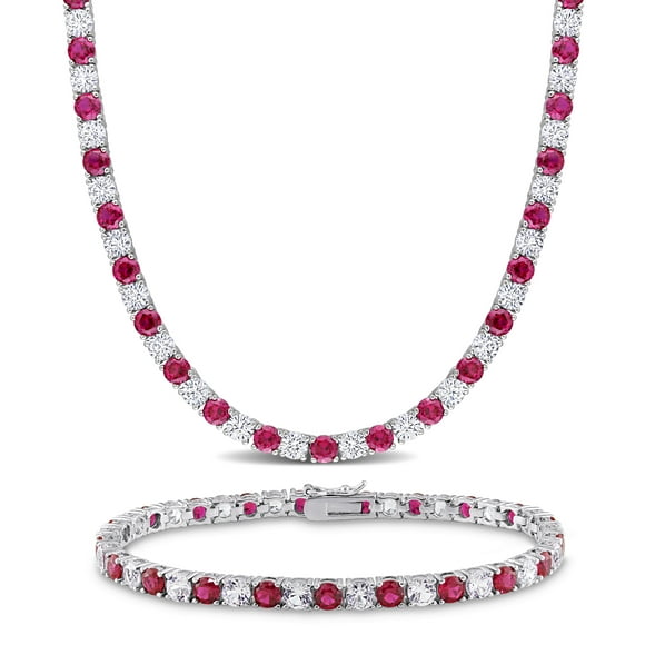 Miabella Bracelet et Collier en Argent Sterling Rubis et Saphir Blanc Créé pour Femmes 47-1/4 Carat T.G.W.