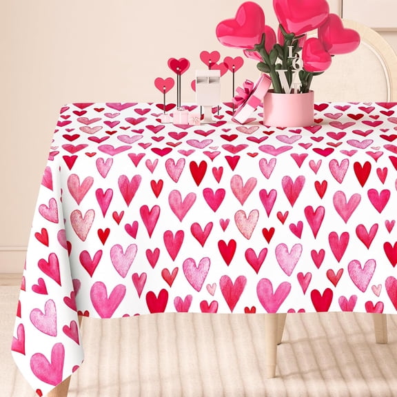 Valentine Tablecloth Watercolor Heart Rectangle Fabric Table Cloth Pink Washable Table Cover for Picnic Dinner Decoration, 60 x 104 Inch