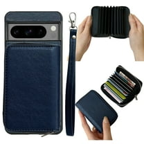 ELEHOLD Case for Google Pixel 6 Pro, PU Leather Zipper Detachable Wallet Case with Card Holder & Strap, Compatible with MagSafe Accessories,Blue