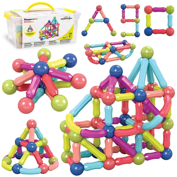 PicassoTiles Magnetic Stick for Kids, 100PCS Stacking Construction STEM Building Blocks Set, Educational Learning Toy for Creativity & Imagination