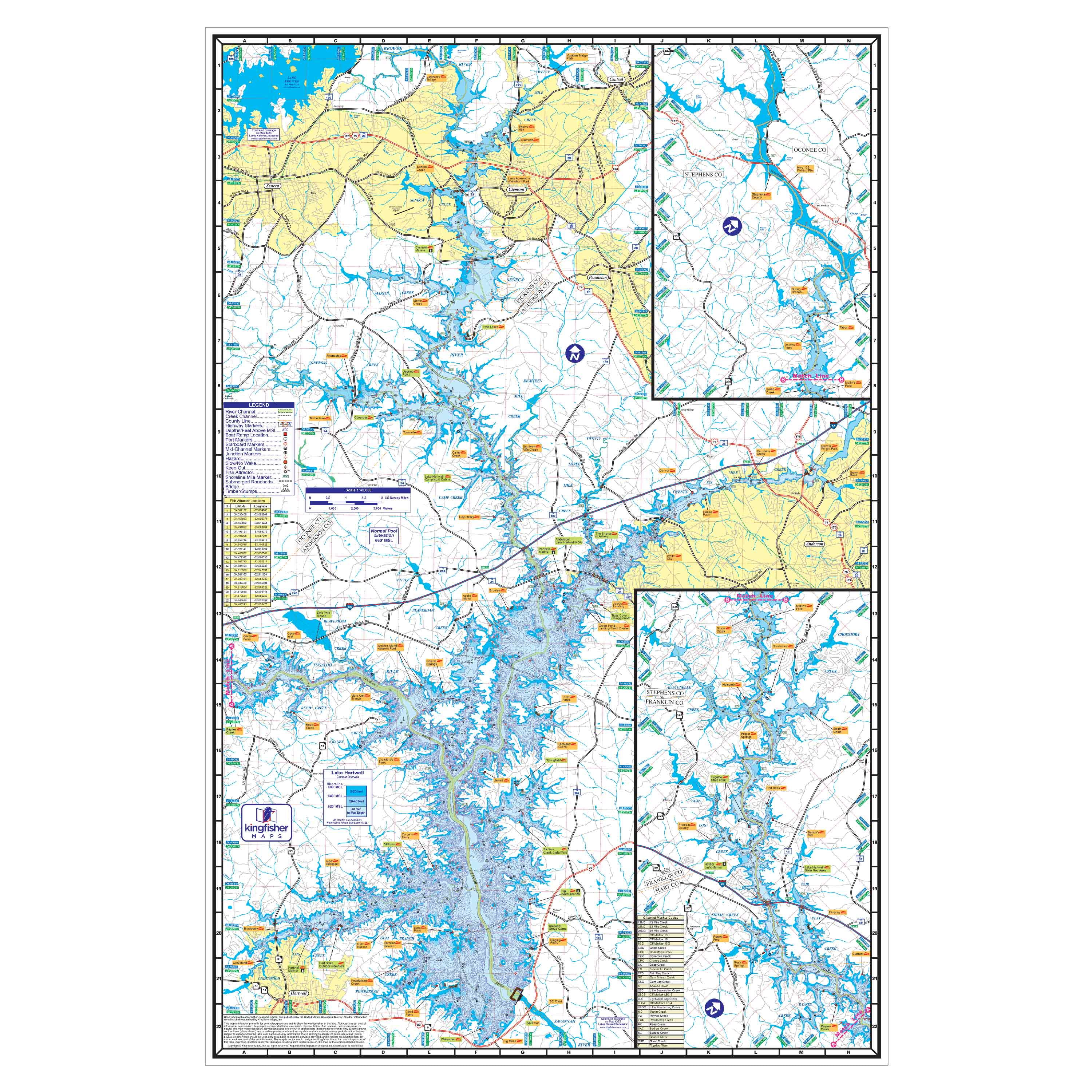 Lake Hartwell Buoy Map Kingfisher Maps Waterproof Topographical Lake Map Lake Hartwell Georgia &  South Carolina - Walmart.com