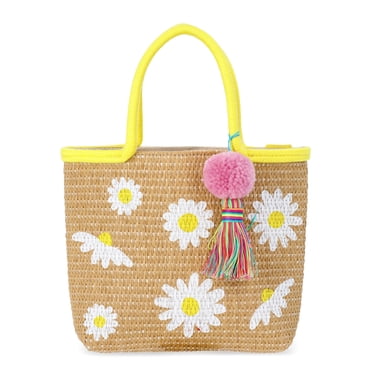 Wonder Nation Girls Daisies Straw Mini Tote Bag with Pom Handbag Charm, Yellow