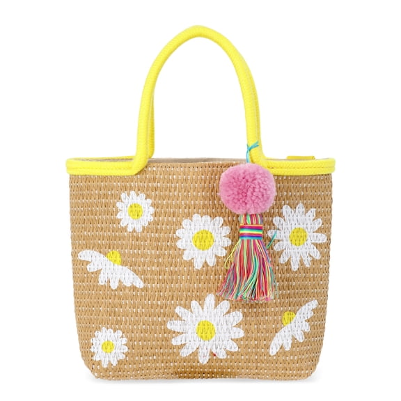 Wonder Nation Girls Daisies Straw Mini Tote Bag with Pom Handbag Charm, Yellow