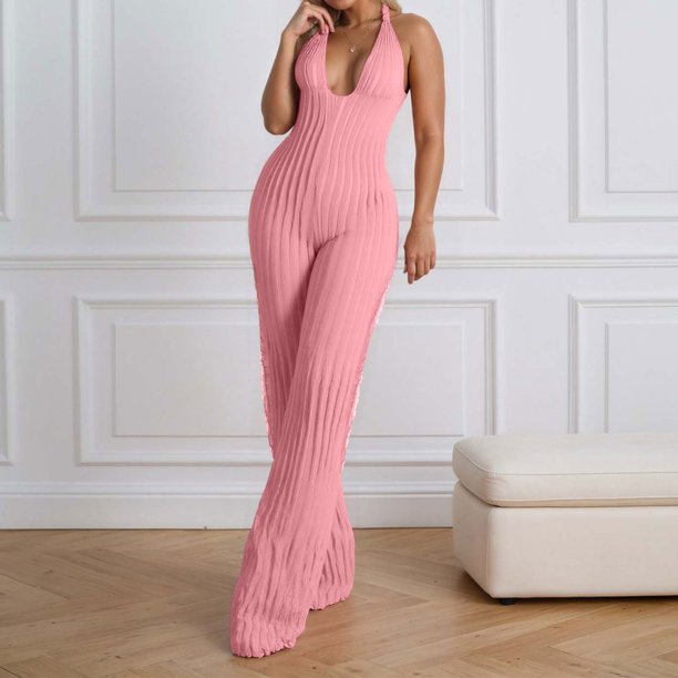 WILLBEST Mono Informal de Verano para Mujer, Mono Sexy con Escote En V, Plisado, Pierna Ancha, Largo, para Uso Diario, Trabajo y Fiestas. Chica