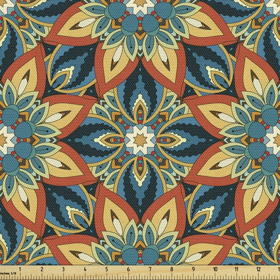 Ottoman Fabric by the Yard, Ornate Floral Pattern with Vintage Mandala Elements Traditional Bohemian Design, Decorative Upholstery Fabric for Chairs & Home Accents, 2 Yards, Multicolor by Ambesonne