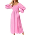 thumbnail image 2 of IROINNID Maxi Dress for Women Solid Color Mid-length Dress Bubble Sleeves To Beat The Dress ,Hot Pink, 2 of 5