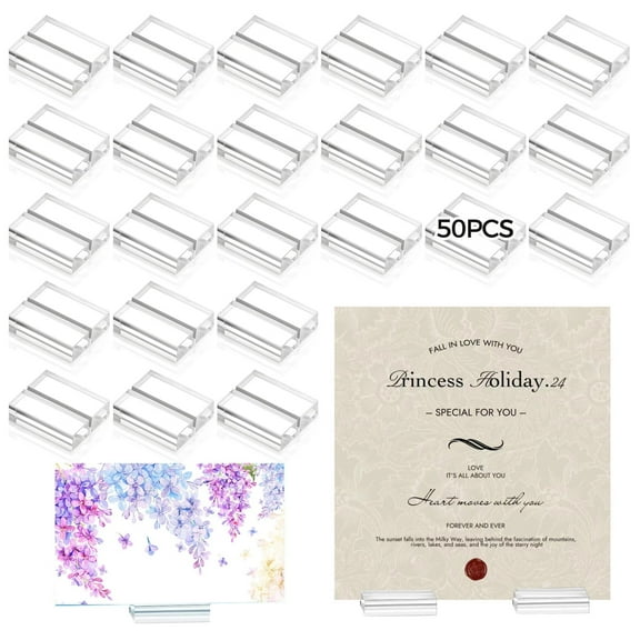 50 PCS Acrylic Place Card Holders, Clear Square Table Number Display Stands, Transparent Table Name Holders, Card Display Stand with Slot for Wedding Party Menu Office Meeting