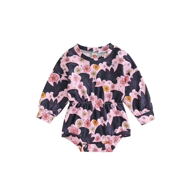 ZAXARRA Nouveau-Né Filles Automne Barboteuse Manches Longues Col Rond Fleur Imprimé Citrouille Bat Justaucorps Vêtements Automne Hiver