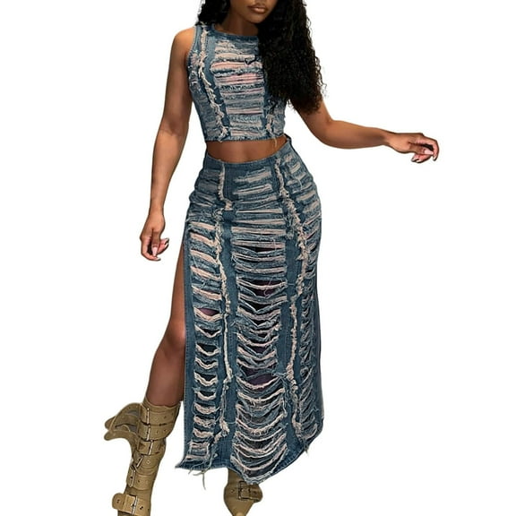 Women's Denim Set Hand Worn Vest With High Slit Denim Skirt Set