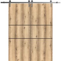 Sturdy Double Barn Door 60 x 96 inches with | Planum 0014 Oak with Frosted Glass | Stainless Steel 13FT Rail Hangers Heavy Set | Solid Panel Interior Doors