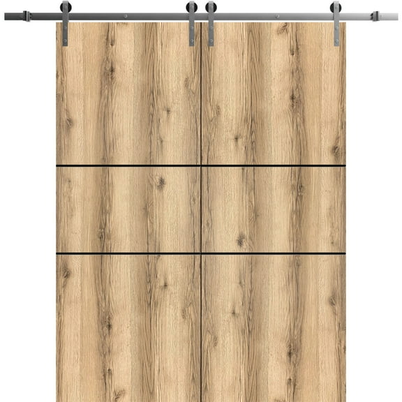 Sturdy Double Barn Door 36 x 80 inches with | Planum 0014 Oak with Frosted Glass | Stainless Steel 13FT Rail Hangers Heavy Set | Solid Panel Interior Doors