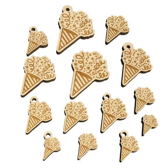 Party Popper with Confetti Wood Mini Charms Shapes DIY Craft Jewelry - With Hole - Various Sizes (16pcs)