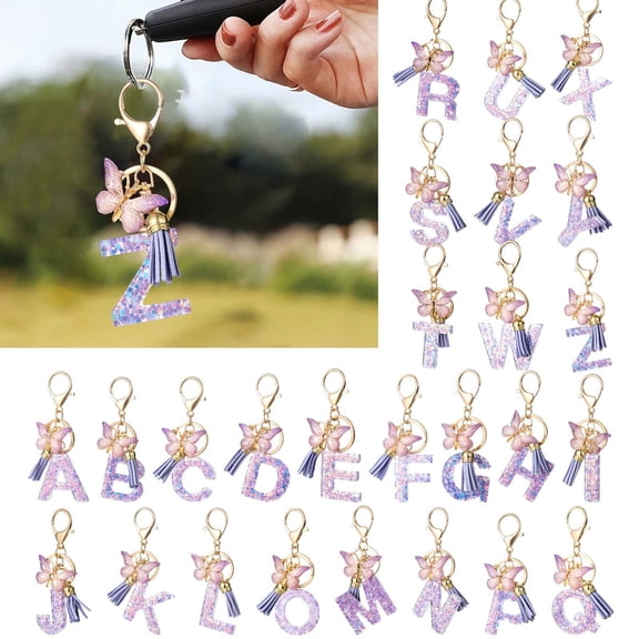 Yunuuuoa 26-Letter Diamond Resin Pendant Key Chain with Tassel, Gradient Butterfly Pendant for Car Keys Backpack Home Keys, Multi-functional Fashion Keyring Accessory