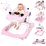 PRVAETU 5 in 1 Baby Walker for Boys Girls, Foldable, Music & Lights,Bouncer, Push Walker, Height Adjustable with Wheels for Infants 6-18 Months,Pink