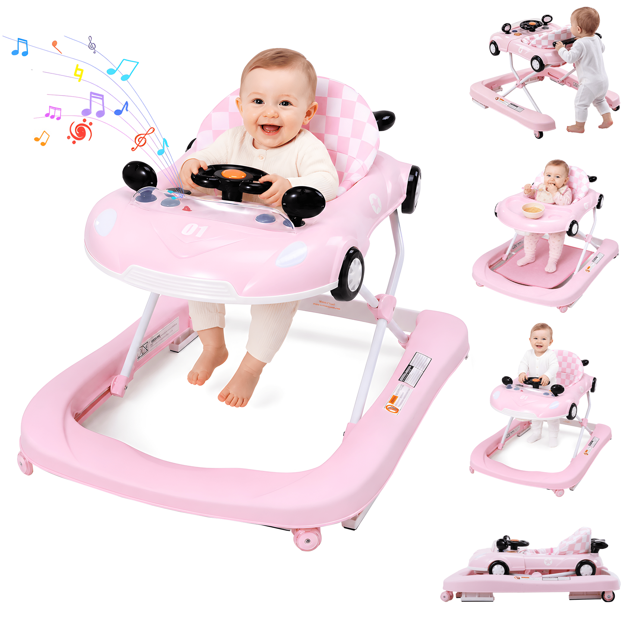 PRVAETU 5 in 1 Baby Walker for Boys Girls, Foldable, Music & Lights,Bouncer, Push Walker, Height Adjustable with Wheels for Infants 6-18 Months,Pink