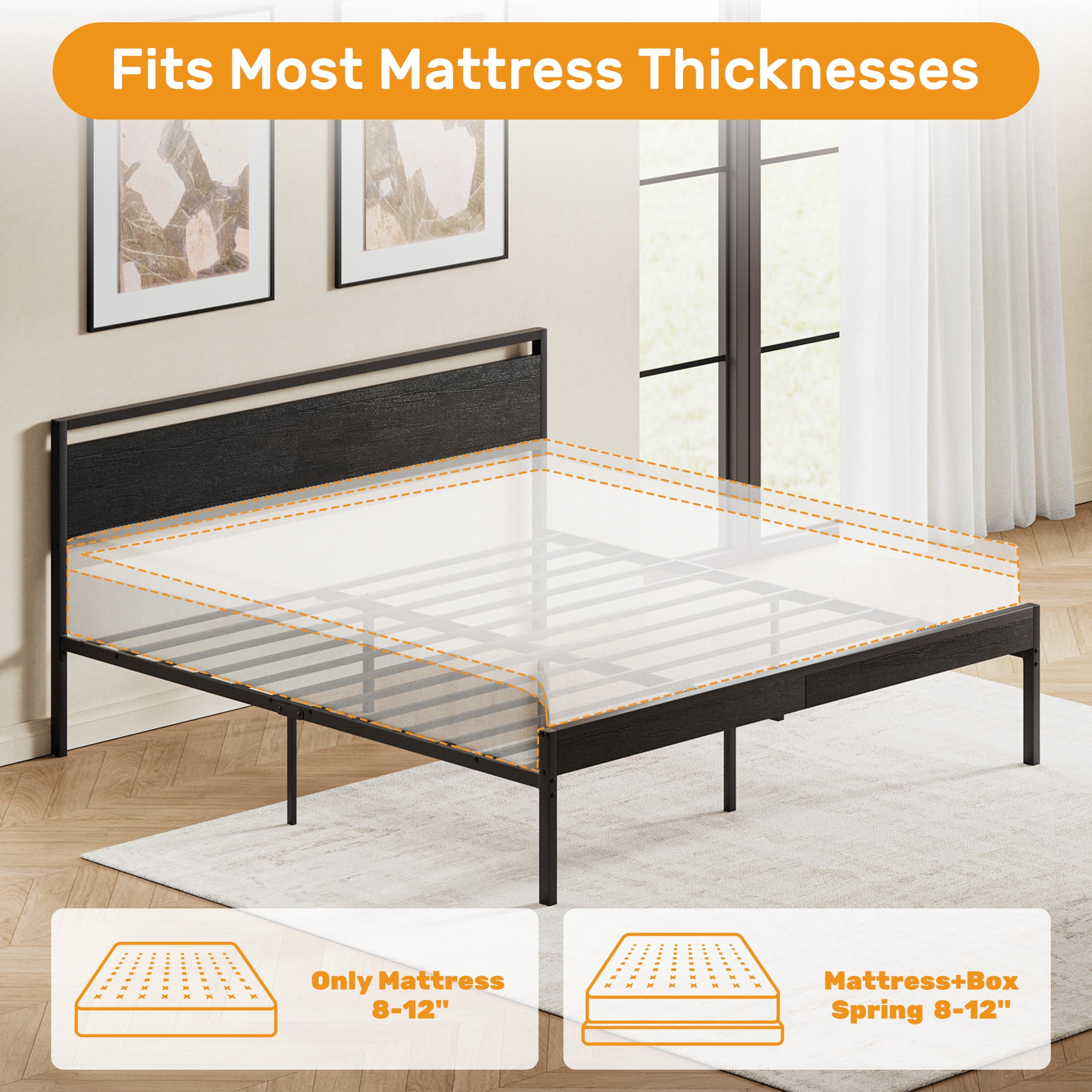 Gianna Heavy Duty King Size Metal Platform Bed, No Box Spring Required with Headboard and Footboard, Mattress Foundation, Black