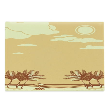

Tropical Cutting Board Seaside Illustration with Palm Tree Silhouettes in Retro Style Decorative Tempered Glass Cutting and Serving Board in 3 Sizes by Ambesonne