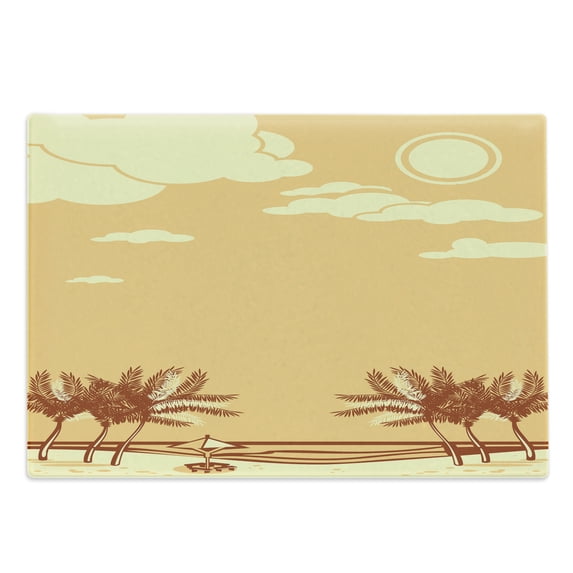 Tropical Cutting Board, Seaside Illustration with Palm Tree Silhouettes in Retro Style, Decorative Tempered Glass Cutting and Serving Board, in 3 Sizes, by Ambesonne
