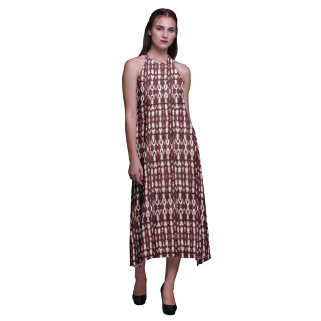 Bimba Robe Décontractée Teinture sur Nœuds Longue Dos Nu à Col Halter pour Femmes Imprimée Robe de Plage-TG