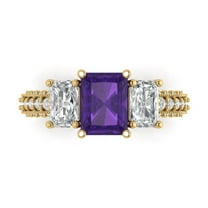 3.61 ct Emerald Cut Natural Amethyst 3 Stone 18K Yellow Gold Womens Engagement Ring