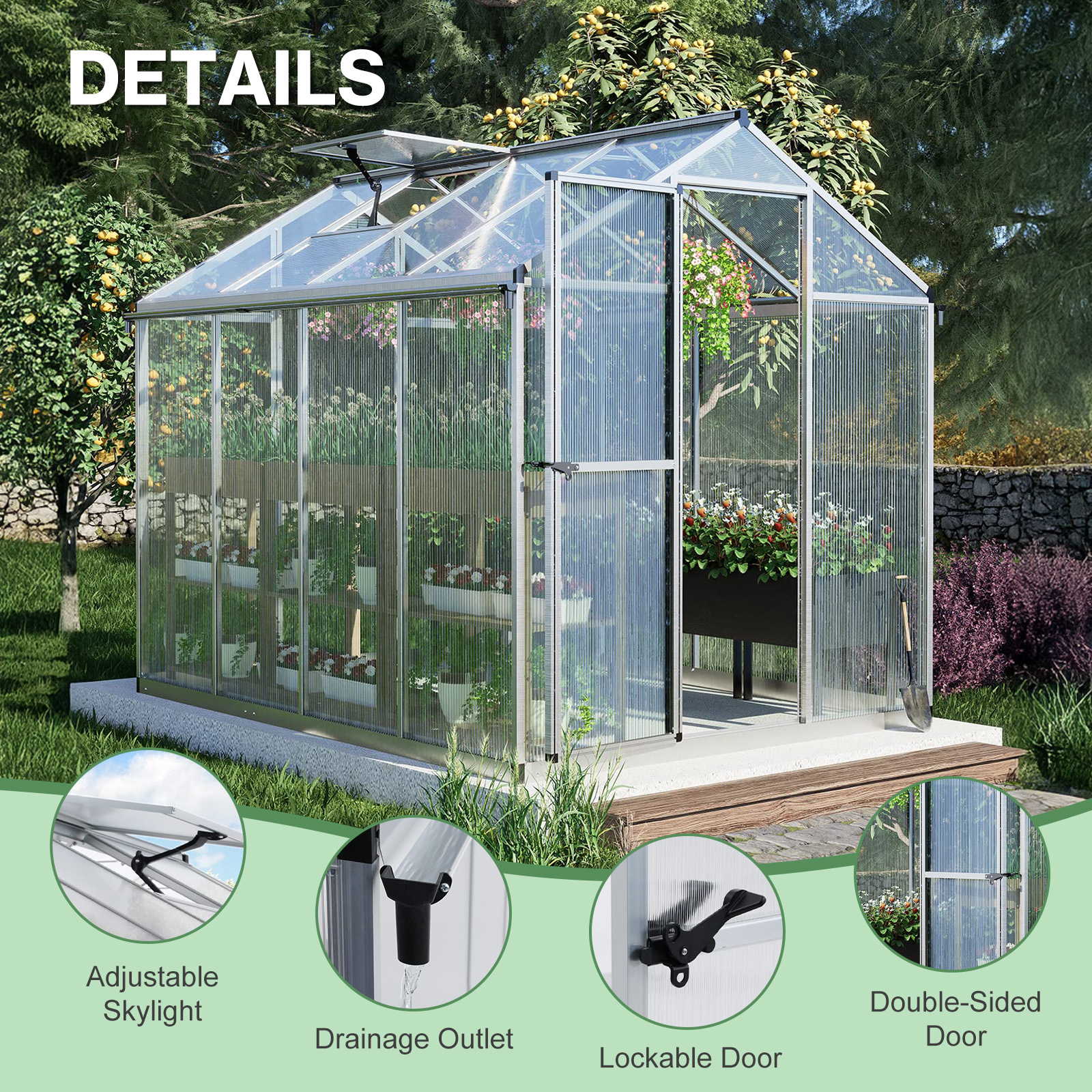 Aoodor 6' x 8' Outdoor Greenhouse, Walk-in Polycarbonate Greenhouse with Aluminum Frame for Outside Backyard, Silver