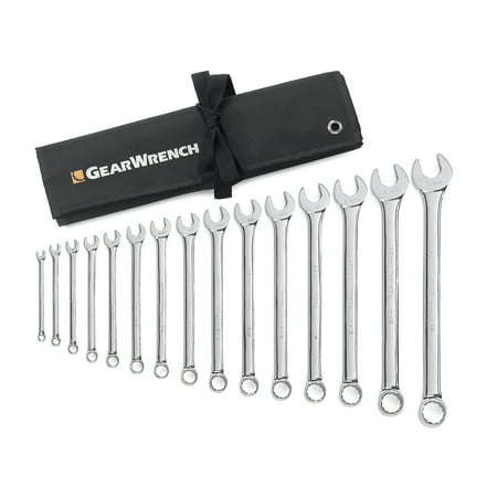 GearWrench 81918 15 Pc. 12 Point Sae Long Pattern Combination Wrench Set With Wrench Roll