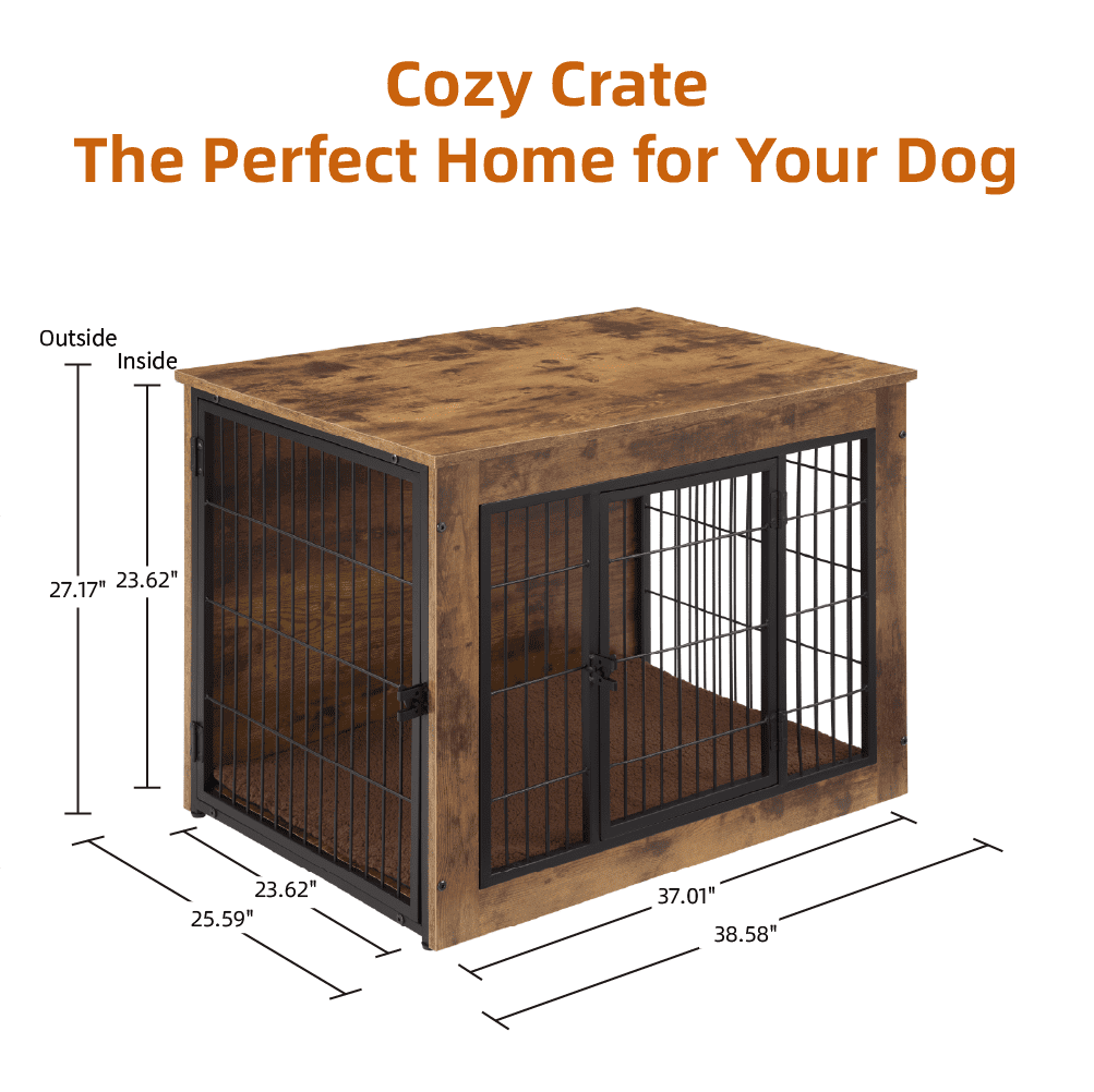 MAYEERTY 40" Wooden Dog Crate Furniture with Cushion, Double Doors for Small/Medium Dogs, Rustic Brown