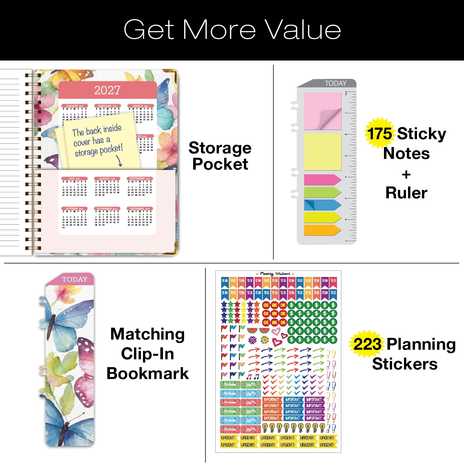 Excello Brands Hardcover AY 2026-2027 Fashion Planner - 8.5"x11" (Watercolor Butterflies)