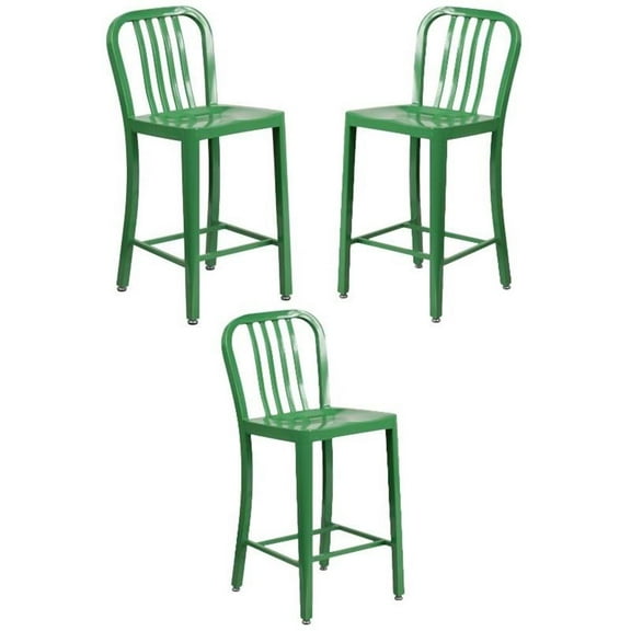Home Square 24" Metal Vertical Slat Back Counter Stool in Green - Set of 3