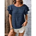 thumbnail image 2 of Womens Summer Ruffle Short Sleeve Crewneck Shirts Textured Ladies Elegant Business Blouses Dressy Casual Sea Blue XL, 2 of 6