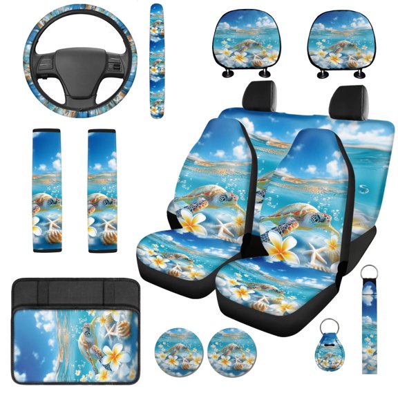 KUIFORTI Floral Turtle Car Seat Cover Set Easy Installation Set 14 Pcs Automotive Rear Front Seat Protector Car Seat Belt Cover for Most Sedan Truck SUV Soft Breathable
