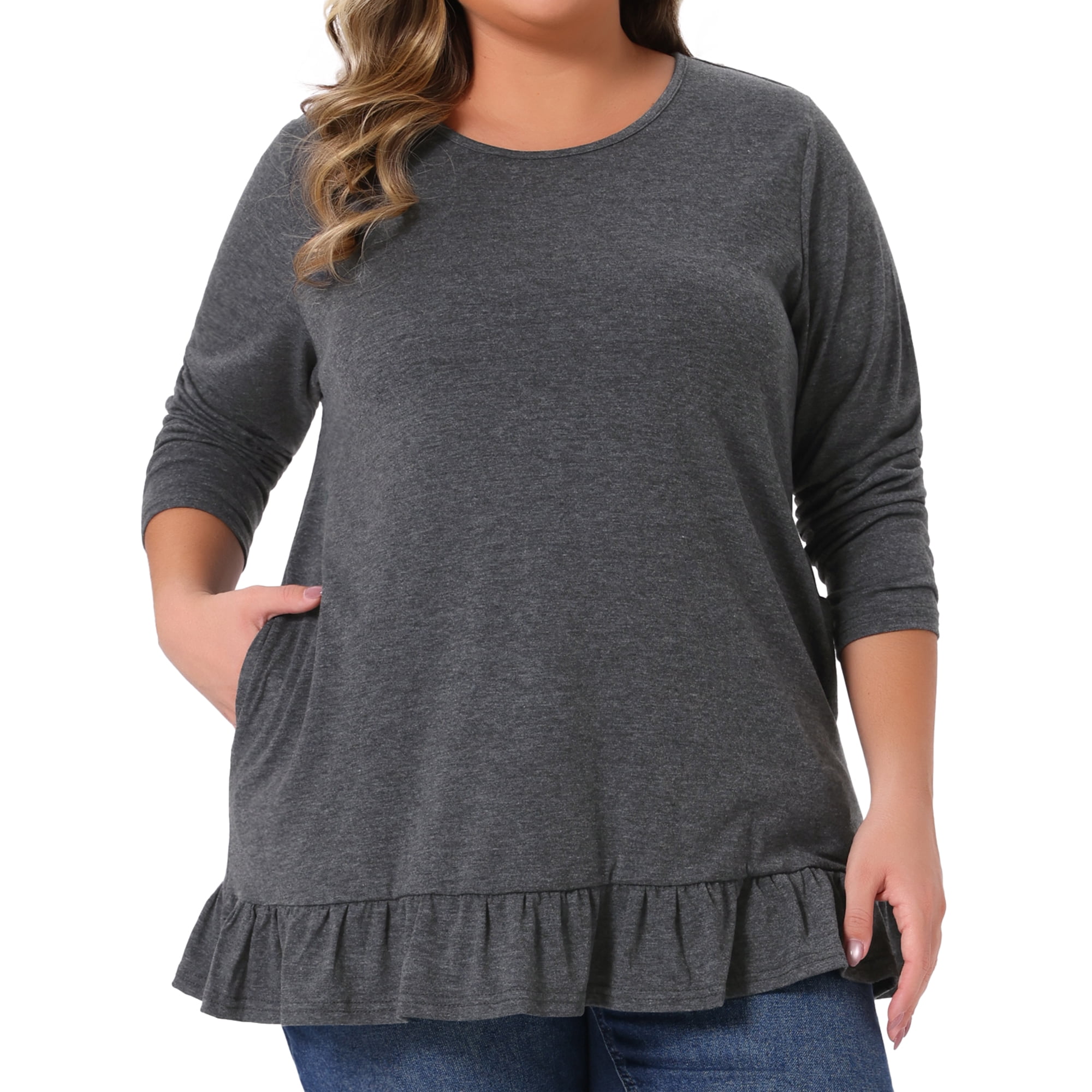 DARING DIVA Women's Plus Casual Long Sleeve Ruffled Hem Blouse 3X Dark Gray