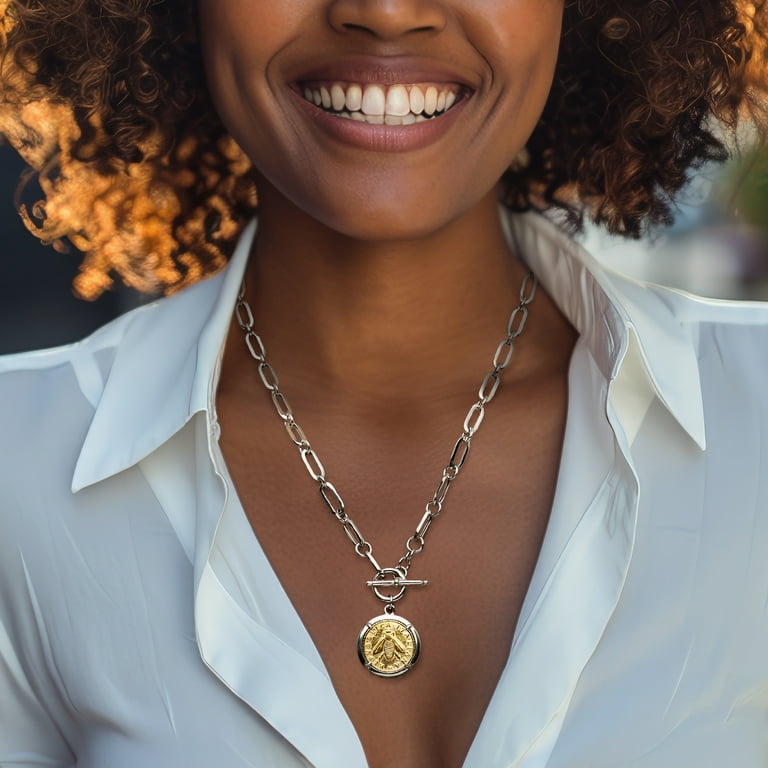 Ross-Simons Italian Bee Lira Coin Pendant Necklace, Sterling