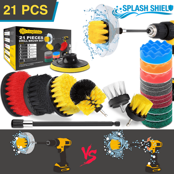 ComfiTime 21PCS Drill Brush Set – Heavy Duty Drill Brush Attachment w/ Splash Shield, Bathtub Scrub Cleaning Brush, Power Scrubber for bathroom shower, toilet , tile and household cleaning