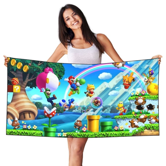 Lafuoo Mario Pattern Silver Fox Fleece Beach Towel 27.5x55in, Absorbent Swimming Beach Towel, Unisex-One Size