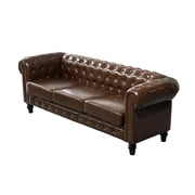 Chesterfield 3-Seater Faux Leather Button Tufted Sofa Couch with Rolled Arms Solid Wood Legs