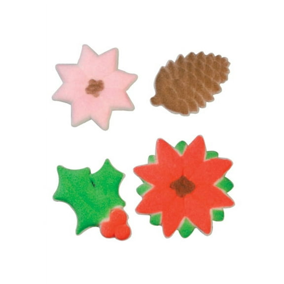 ON SALE Poinsettia And Holly Sugar Decorations Toppers Cupcake Cake Cookies Christmas Favors Party 12 Count