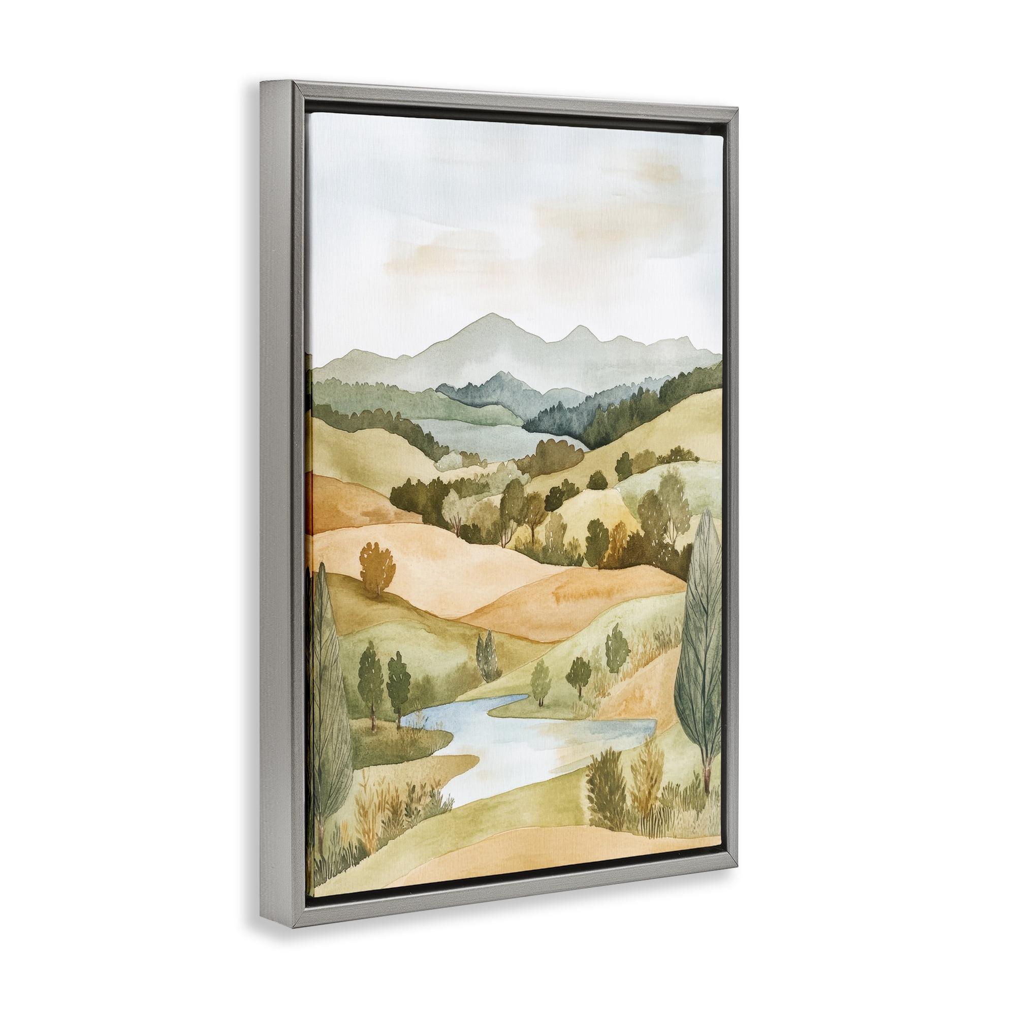 Stupell Industries Watercolor Hills & Tranquil Valley Gray Framed Floater Canvas Wall Art, design by Petal Prints Design