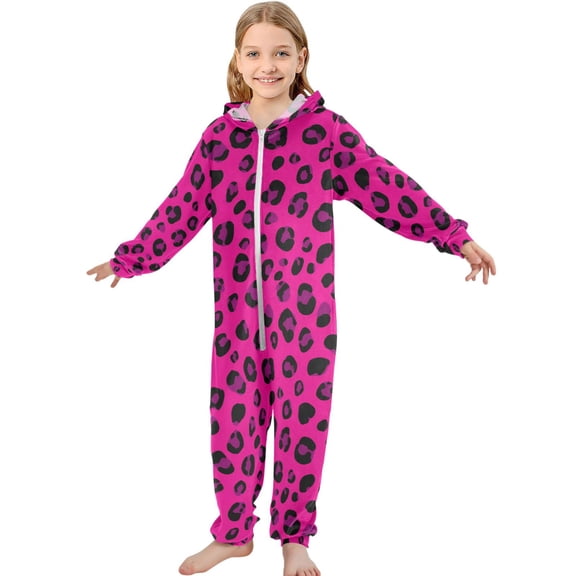 JOOGOO Leopard Pink Pattern Unisex Onesie Pajamas Jumpsuit Kids One-Piece Hooded Sleepwear 7-8T